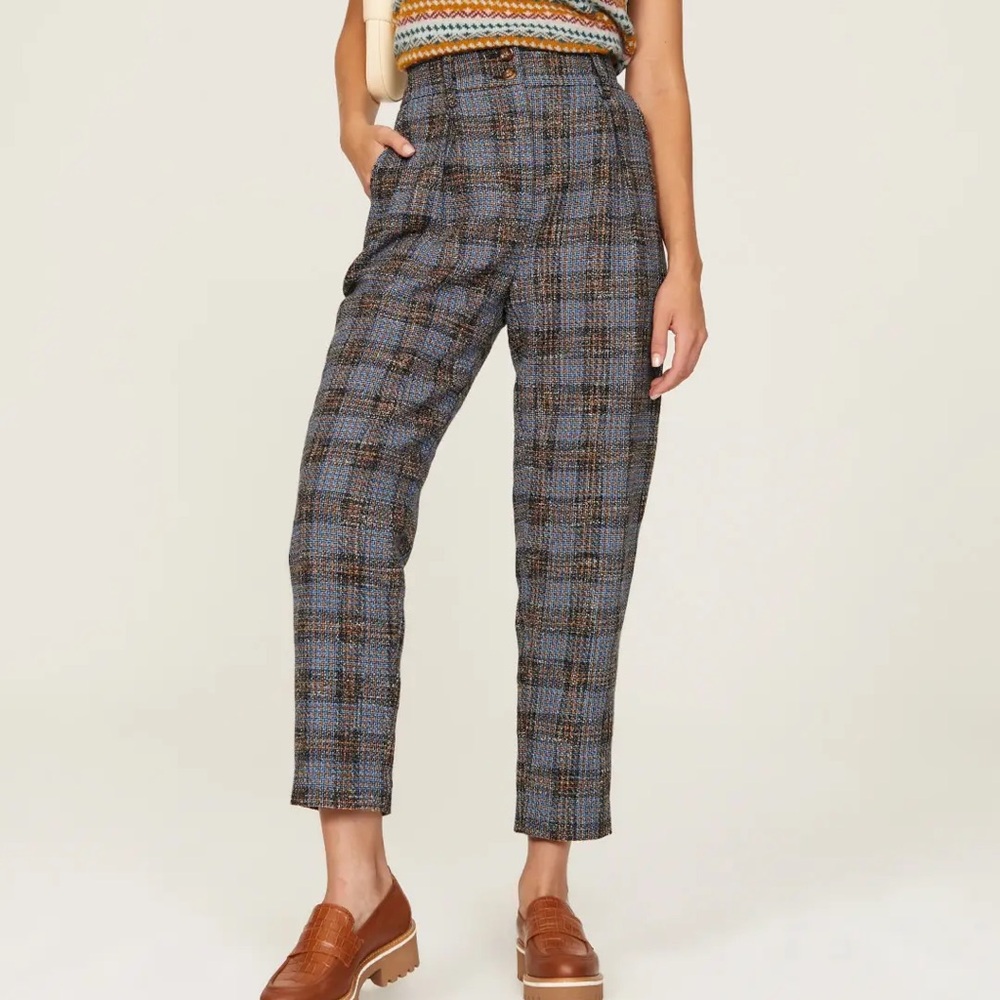 Veronica Beard Blue and Brown Plaid Trousers